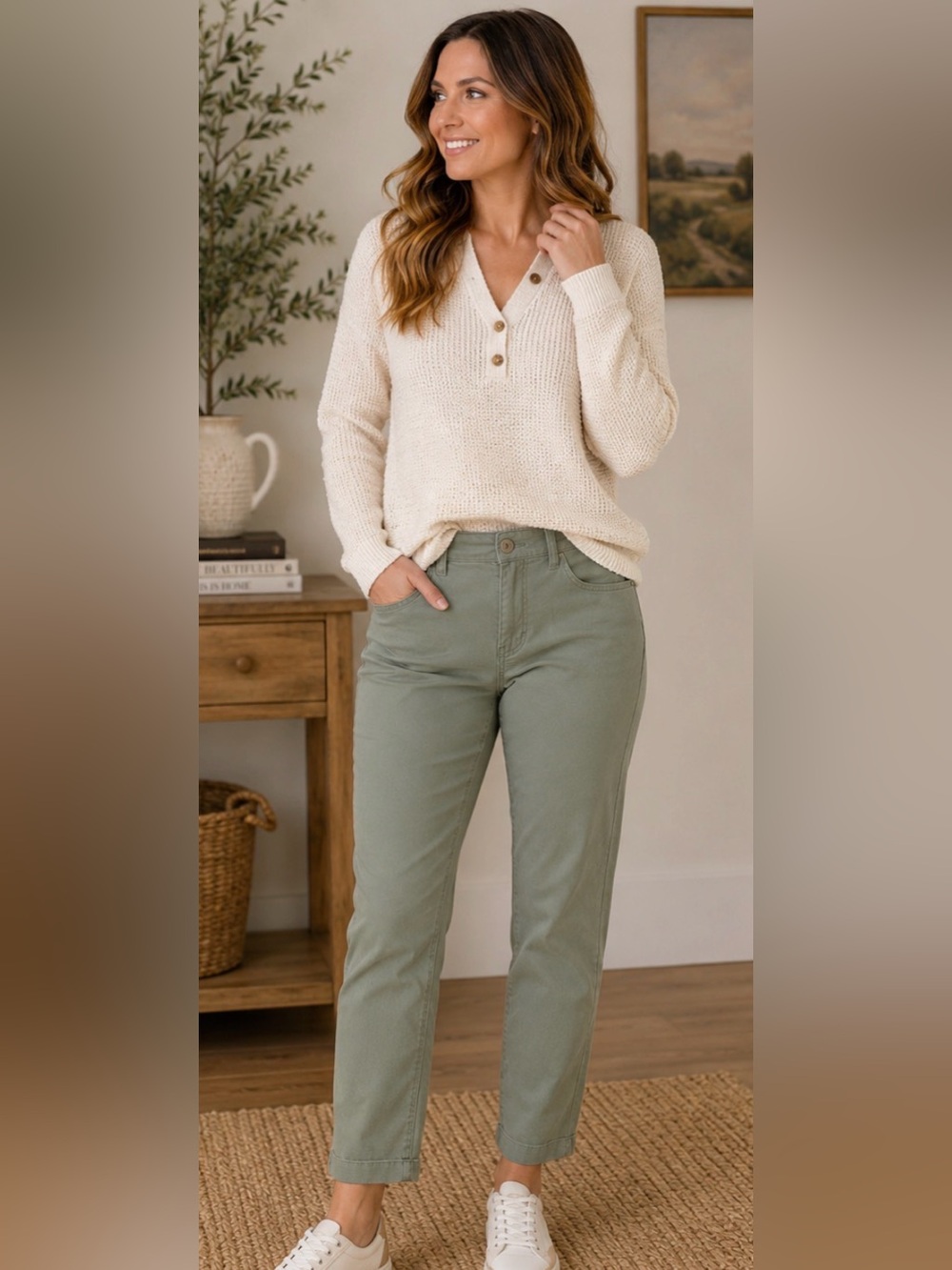 102 Eddie Bauer Sage Green Straight Leg Pants 6 Stretch Cotton Utility Ankle